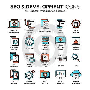 Seo and app development. Search engine optimization. Internet, e-commerce. Thin line blue web icon set. Outline icons