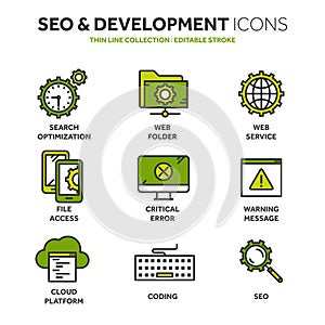 Seo and app development. Search engine optimization. Internet, e-commerce.Thin line blue web icon set. Outline icons