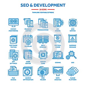 Seo and app development. Search engine optimization. Internet, e-commerce.Thin line blue web icon set. Outline icons