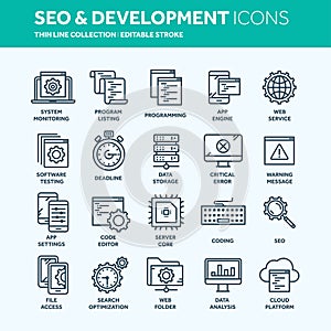 Seo and app development. Search engine optimization. Internet, e-commerce.Thin line web icon set. Outline icons