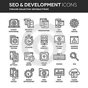 Seo and app development. Search engine optimization. Internet, e-commerce.Thin line web icon set. Outline icons