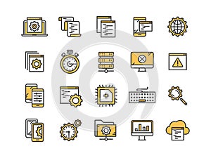 Seo and app development. Search engine optimization. Internet, e-commerce.Thin line yellow web icon set. Outline icons