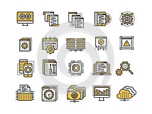 Seo and app development. Search engine optimization. Internet, e-commerce.Thin line yellow web icon set. Outline icons