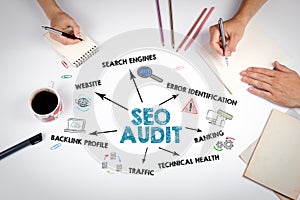 SEO Audit Concept. The meeting at the white office table