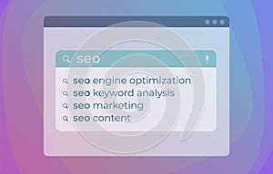 SEO Autocomplete Search Web Suggestions modern vector concept. Website searching bar with Search Engine Optimization