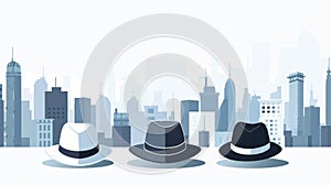 SEO black, white, and gray hats concept with men wearing different hats on a city background, modern illustration in