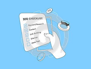 SEO checklist - Complete Task lists for website optimization concept. SEO checklist vector illustration isolated on blue