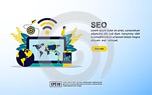 Seo concept with icon and character. Template for web landing page, banner, presentation, social media, poster, advertising,