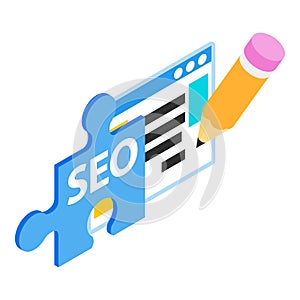 Seo concept icon isometric vector. Piece of puzzle with inscription seo web page