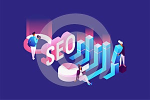 Seo concept illustration. Large letters, characters working with data in isometric style. Vector illustration isolated on blue