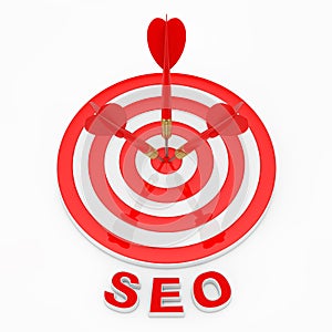 SEO Concept. SEO Sign near Darts Hitting The Target. 3d Rendering