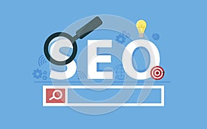 Seo concept. Targeting audience through advertising, branding, and digital media marketing. Flat concept with icons