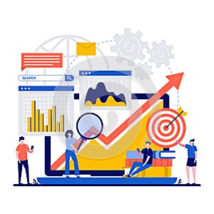 SEO concept with tiny character. Keyword optimization, research and analysis flat vector illustration. Website promotion, online