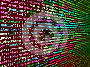 SEO concepts for better SERP. Database bits access stream visualisation. Software developer programming code on computer.