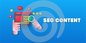 Seo content, content optimization for website seo, keyword search, meta tag search engine 3d style minimal design.