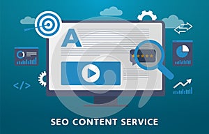 SEO Content Service concept illustration. Search engine optimization, content marketing with keyword research, writing
