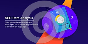 Seo data analysis, seo dashboard showing data and information of website, seo mobile application concept. Web banner template.