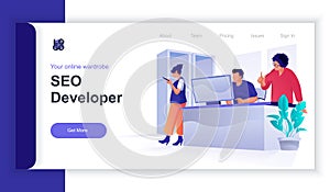 Seo developer concept 3d isometric web banner with people scene