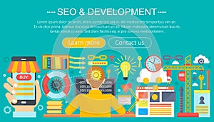 SEO and development concept design infographics template design, web header seo icons elements. Vector illustration.