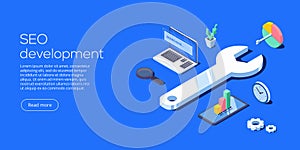 SEO development isometric vector illustration. Website or webpage development concept. Search engine optimization for business pu