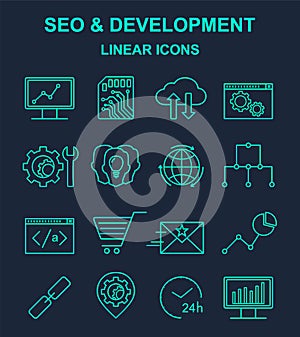 SEO and development linear icons set