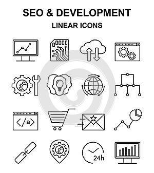 SEO and development linear icons set