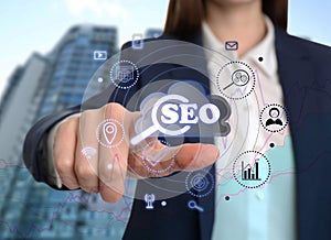 SEO directions with icons of keyword research, customization and others. Woman using virtual screen