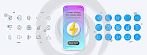 Seo gear, Brand ambassador and Time change line icons. For web app, printing. Phone mockup with 3d energy icon. Vector