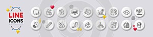 Seo gear, Tax document and Whisper line icons. For web app, printing. White buttons 3d icons. Vector