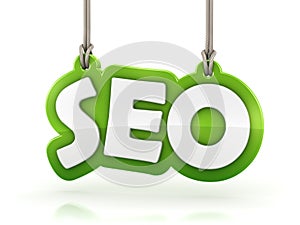 SEO green text word hanging on rope on white background