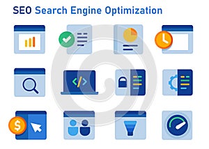 SEO icon search engine optimization graphic set of website analytics report user visitor data and keyword meta tag code