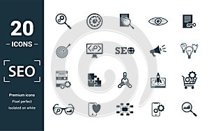 Seo icon set. Include creative elements search optimization, search result, right solution, code optimization, website