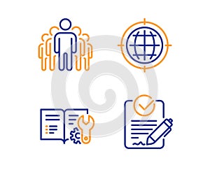 Seo internet, Group and Engineering documentation icons set. Rfp sign. Globe, Managers, Manual. Vector