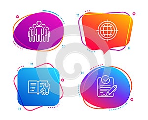 Seo internet, Group and Engineering documentation icons set. Rfp sign. Globe, Managers, Manual. Vector