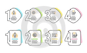 Seo internet, Group and Engineering documentation icons set. Rfp sign. Globe, Managers, Manual. Vector