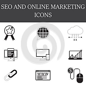 SEO and internet line and full icons set, outline and solid vect