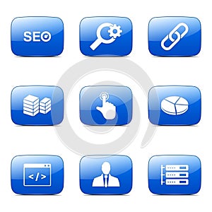 SEO Internet Sign Square Vector Blue Icon Set 11