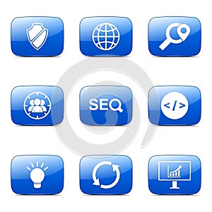 SEO Internet Sign Square Vector Blue Icon Set 2