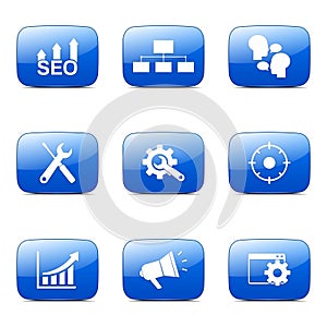 SEO Internet Sign Square Vector Blue Icon Set 5