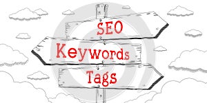 SEO, keywords, tags - outline signpost with three arrows