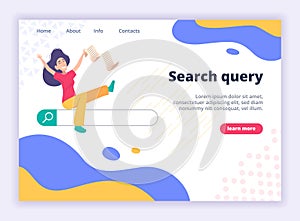 Seo landing page. Website template with search bar and characters find job or recruitment service exact vector landing