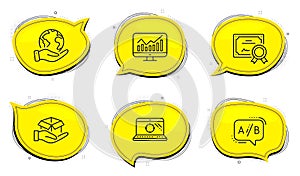 Seo laptop, Ab testing and Statistics icons set. Hold box sign. Search engine, Test chat, Financial report. Vector