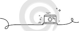 Seo laptop line icon. Search engine optimization sign. Continuous line with curl. Vector