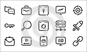 seo line icons. linear set. quality vector line set such as link, ecommerce, mail, advertising, video, keyword, server, statistics