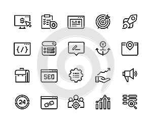 SEO line icons. Web business trend network analysis media target strategy website analytic. Search engine optimization