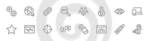 SEO Line Icons. Web icon, Eye, Localization, Link, Translate. Editable Stroke