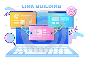 SEO Link Building as Search Engine Optimization, Marketing and Digital for Home Page Development or Mobile Applications Vector