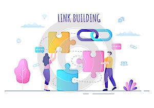 SEO Link Building as Search Engine Optimization, Marketing and Digital for Home Page Development or Mobile Applications Vector
