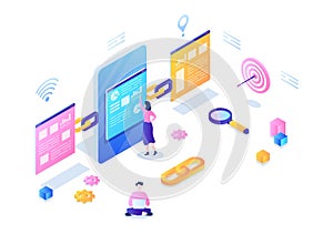 SEO Link Building as Search Engine Optimization, Marketing and Digital for Home Page Development or Mobile Applications Vector