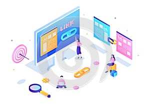 SEO Link Building as Search Engine Optimization, Marketing and Digital for Home Page Development or Mobile Applications Vector